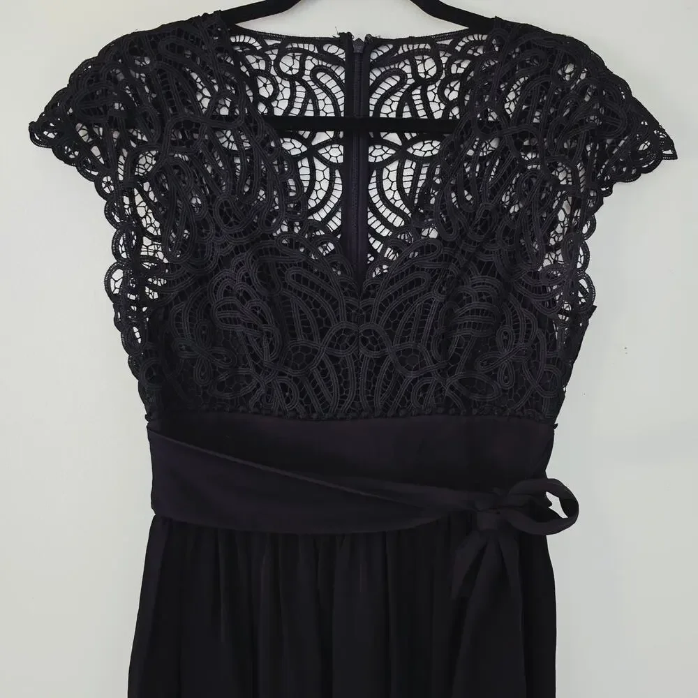 Kate Spade Macrame Black Lace Silk Midi Dress Belt Tie Women's Size 2